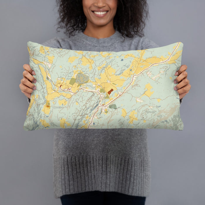 Person holding 20x12 Custom Stowe Vermont Map Throw Pillow in Woodblock