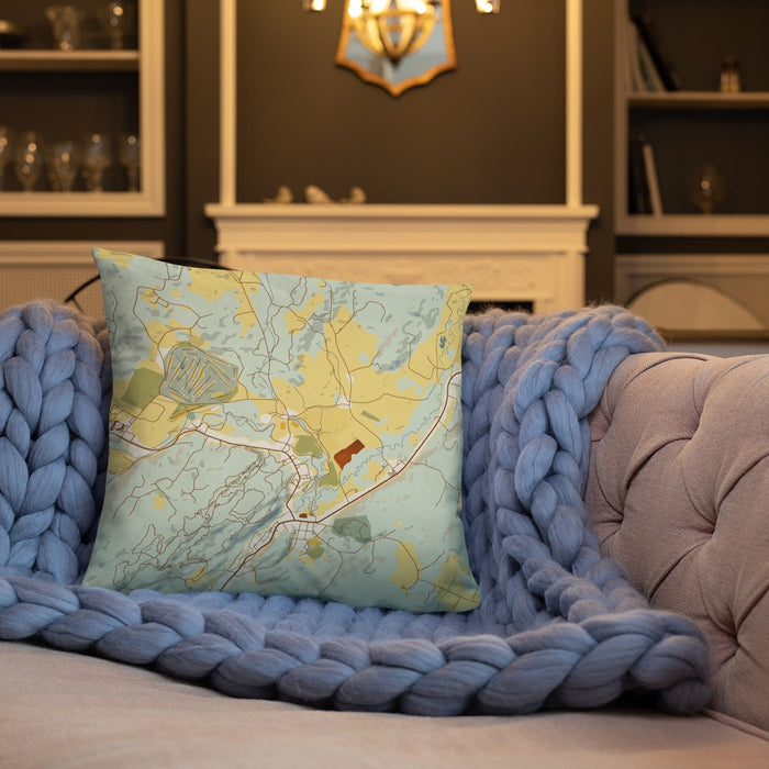 Custom Stowe Vermont Map Throw Pillow in Woodblock on Cream Colored Couch