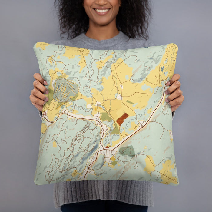 Person holding 18x18 Custom Stowe Vermont Map Throw Pillow in Woodblock