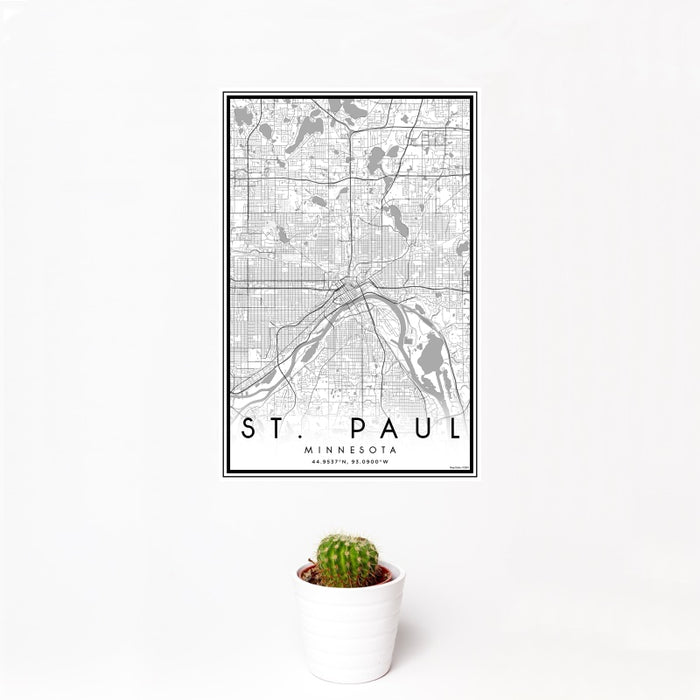 12x18 St. Paul Minnesota Map Print Portrait Orientation in Classic Style With Small Cactus Plant in White Planter