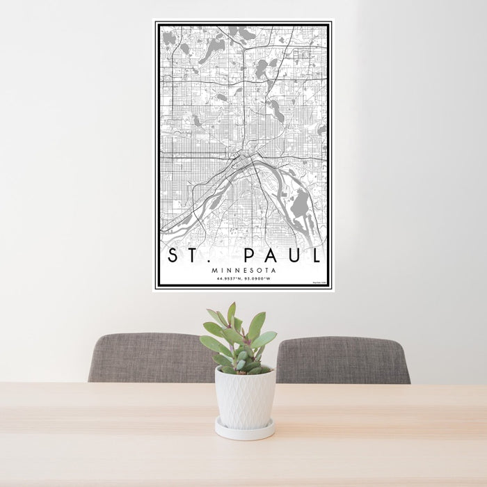 24x36 St. Paul Minnesota Map Print Portrait Orientation in Classic Style Behind 2 Chairs Table and Potted Plant
