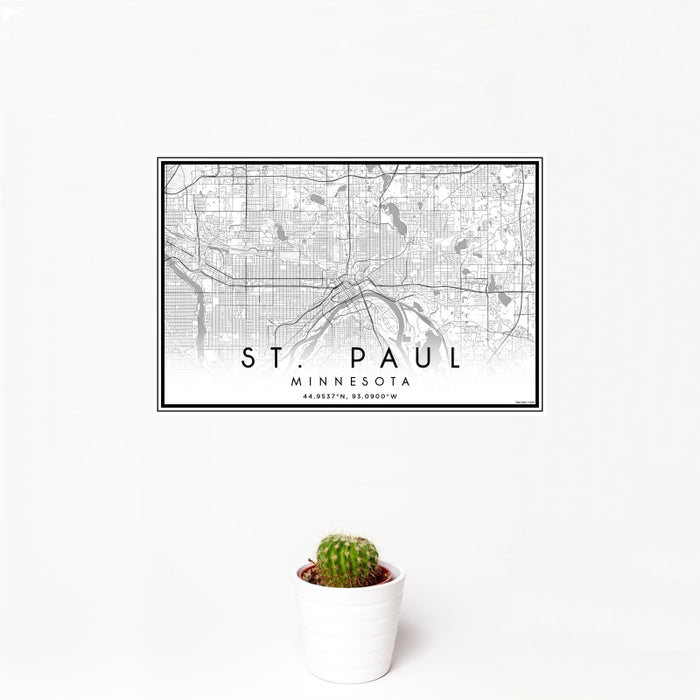 12x18 St. Paul Minnesota Map Print Landscape Orientation in Classic Style With Small Cactus Plant in White Planter