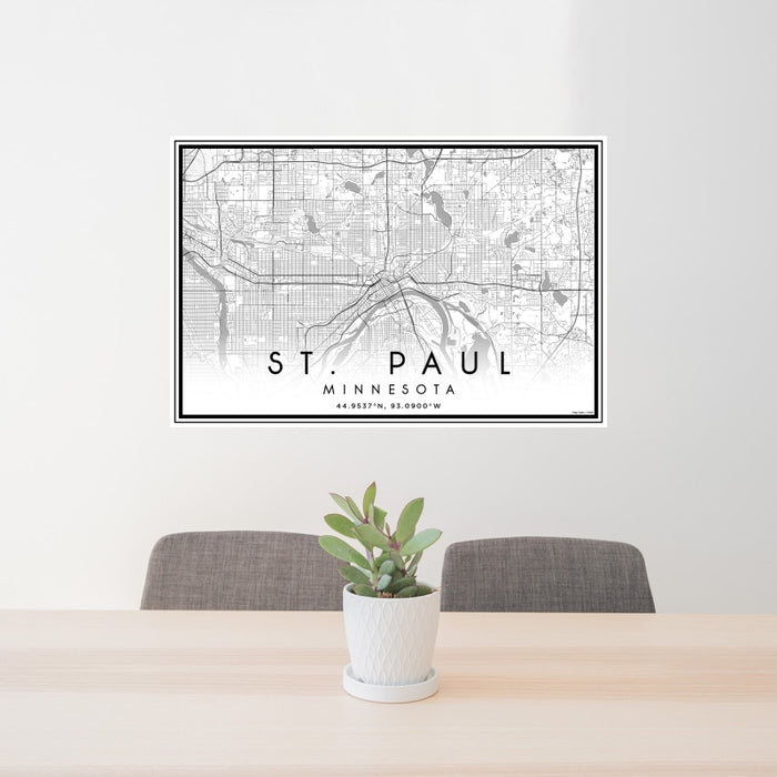 24x36 St. Paul Minnesota Map Print Landscape Orientation in Classic Style Behind 2 Chairs Table and Potted Plant