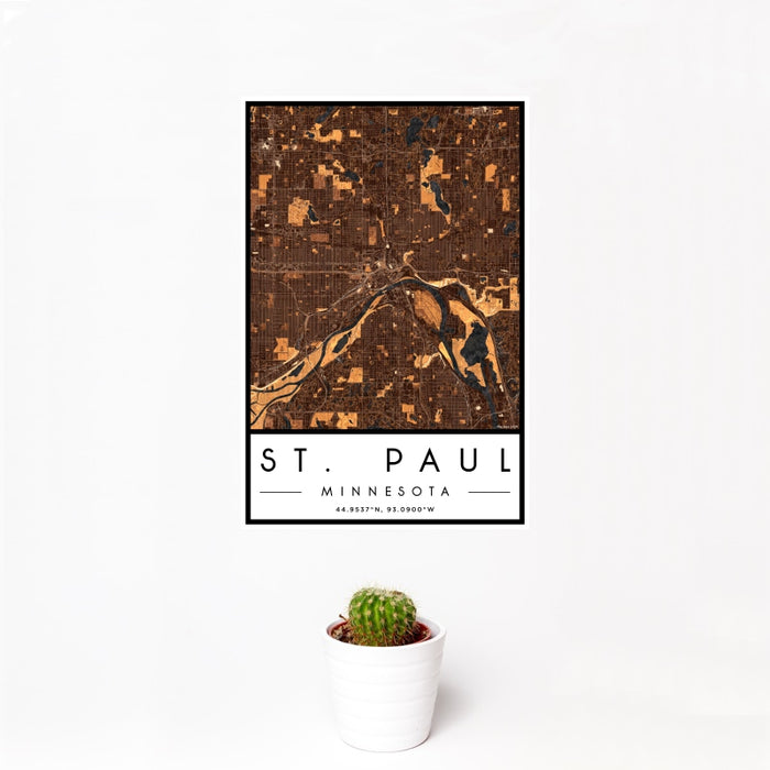 12x18 St. Paul Minnesota Map Print Portrait Orientation in Ember Style With Small Cactus Plant in White Planter