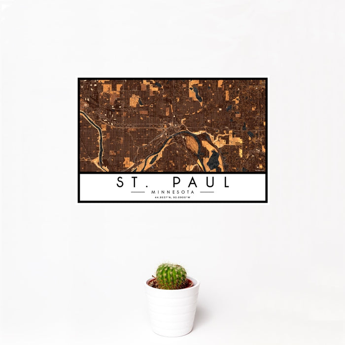 12x18 St. Paul Minnesota Map Print Landscape Orientation in Ember Style With Small Cactus Plant in White Planter