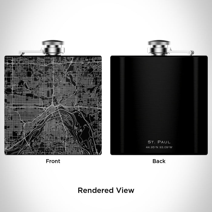 Rendered View of St. Paul Minnesota Map Engraving on 6oz Stainless Steel Flask in Black