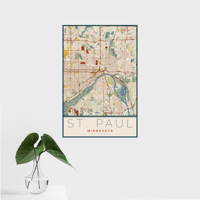 16x24 St. Paul Minnesota Map Print Portrait Orientation in Woodblock Style With Tropical Plant Leaves in Water