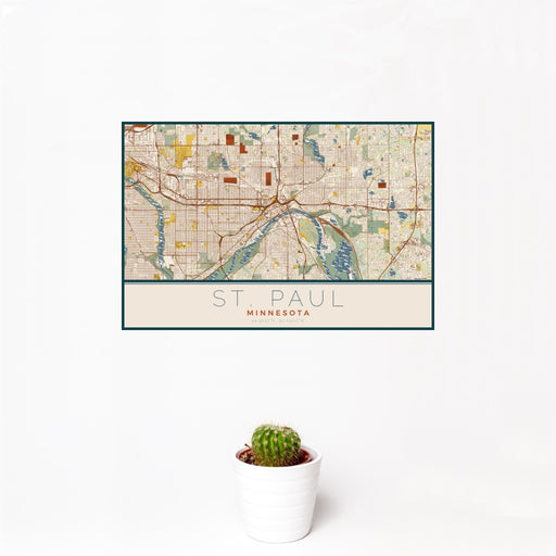 12x18 St. Paul Minnesota Map Print Landscape Orientation in Woodblock Style With Small Cactus Plant in White Planter