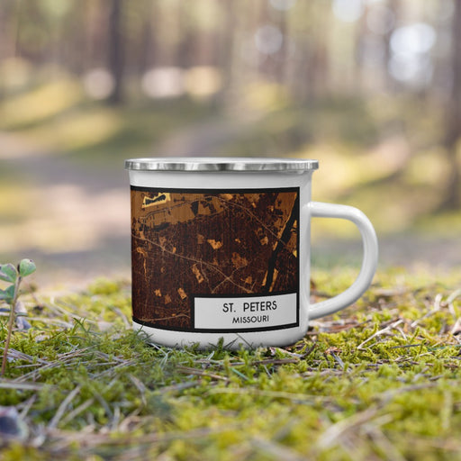Right View Custom St. Peters Missouri Map Enamel Mug in Ember on Grass With Trees in Background