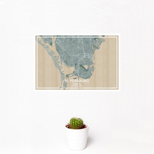 12x18 St. Petersburg Florida Map Print Landscape Orientation in Afternoon Style With Small Cactus Plant in White Planter