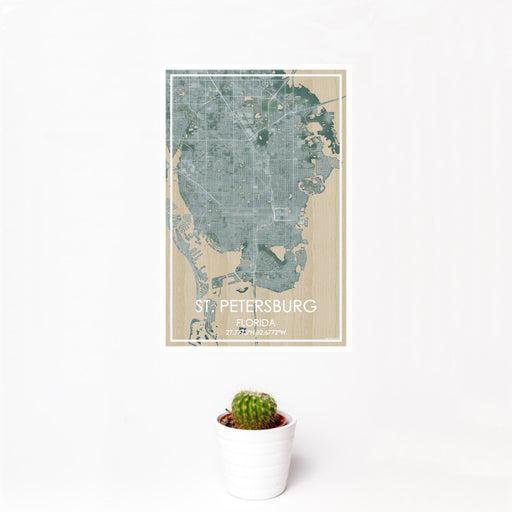 12x18 St. Petersburg Florida Map Print Portrait Orientation in Afternoon Style With Small Cactus Plant in White Planter