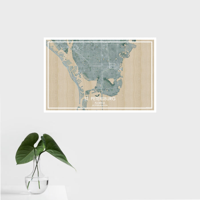 16x24 St. Petersburg Florida Map Print Landscape Orientation in Afternoon Style With Tropical Plant Leaves in Water