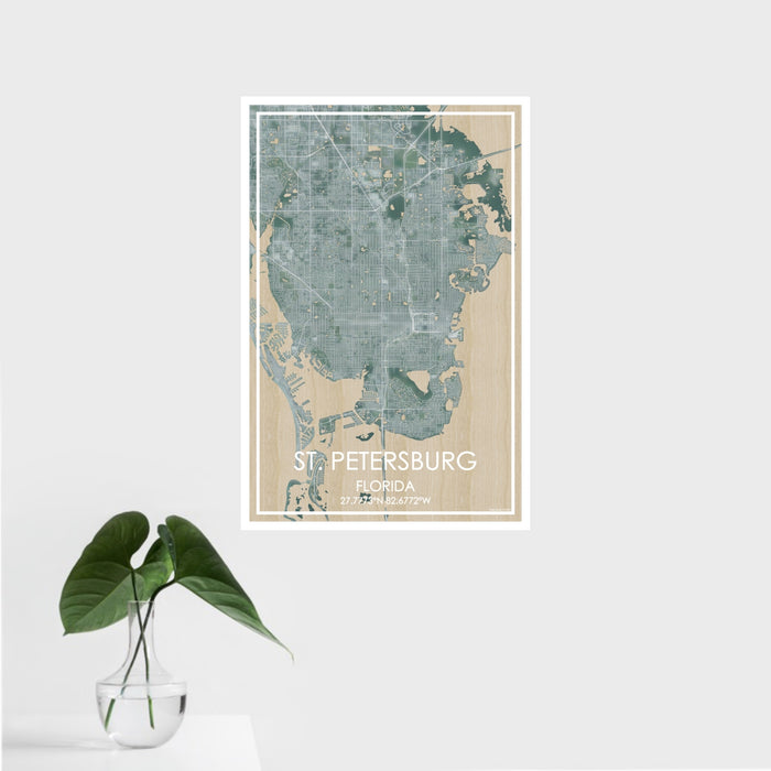 16x24 St. Petersburg Florida Map Print Portrait Orientation in Afternoon Style With Tropical Plant Leaves in Water