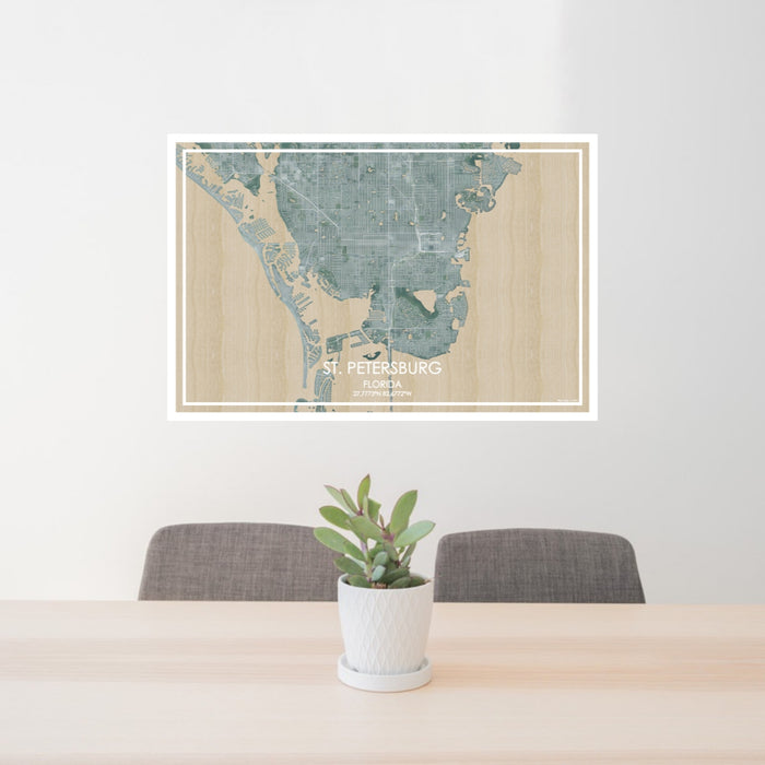 24x36 St. Petersburg Florida Map Print Lanscape Orientation in Afternoon Style Behind 2 Chairs Table and Potted Plant