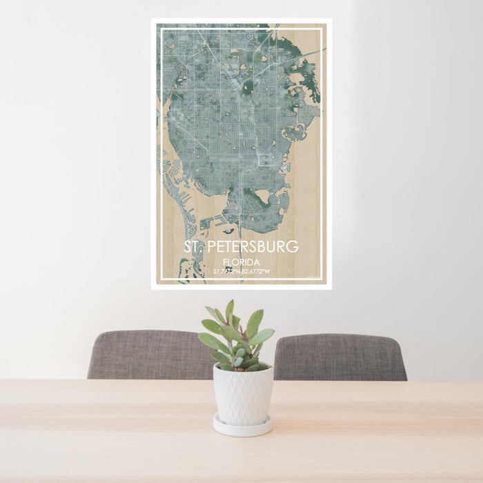 24x36 St. Petersburg Florida Map Print Portrait Orientation in Afternoon Style Behind 2 Chairs Table and Potted Plant
