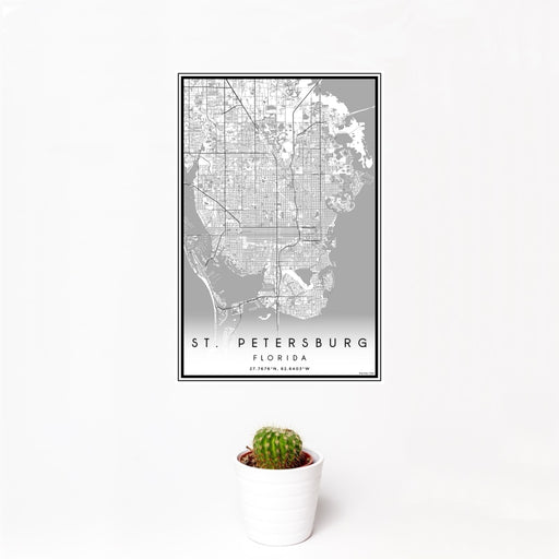 12x18 St. Petersburg Florida Map Print Portrait Orientation in Classic Style With Small Cactus Plant in White Planter