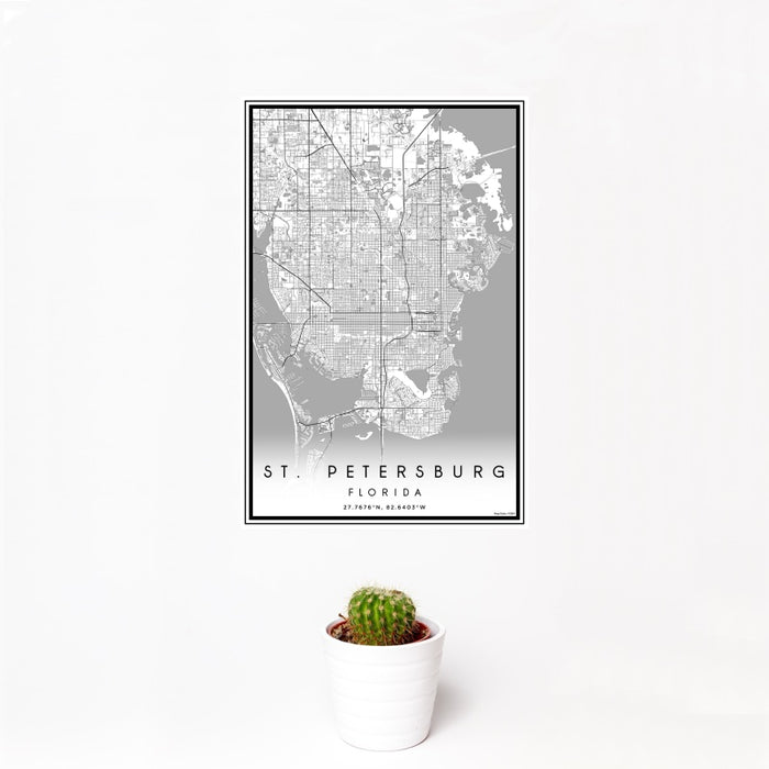 12x18 St. Petersburg Florida Map Print Portrait Orientation in Classic Style With Small Cactus Plant in White Planter