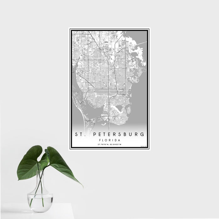 16x24 St. Petersburg Florida Map Print Portrait Orientation in Classic Style With Tropical Plant Leaves in Water