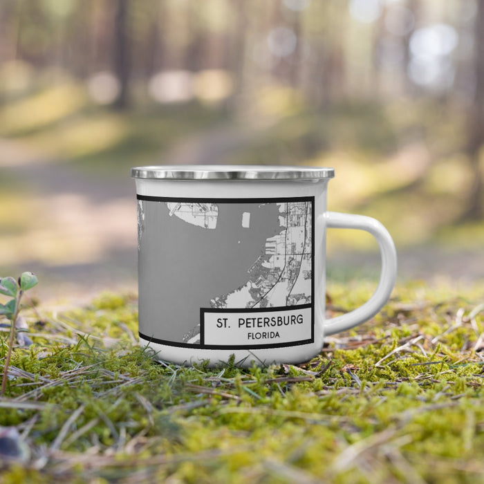 Right View Custom St. Petersburg Florida Map Enamel Mug in Classic on Grass With Trees in Background
