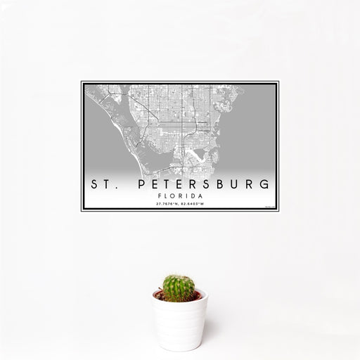 12x18 St. Petersburg Florida Map Print Landscape Orientation in Classic Style With Small Cactus Plant in White Planter