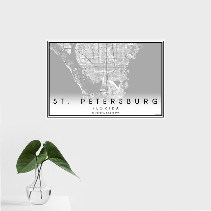 16x24 St. Petersburg Florida Map Print Landscape Orientation in Classic Style With Tropical Plant Leaves in Water
