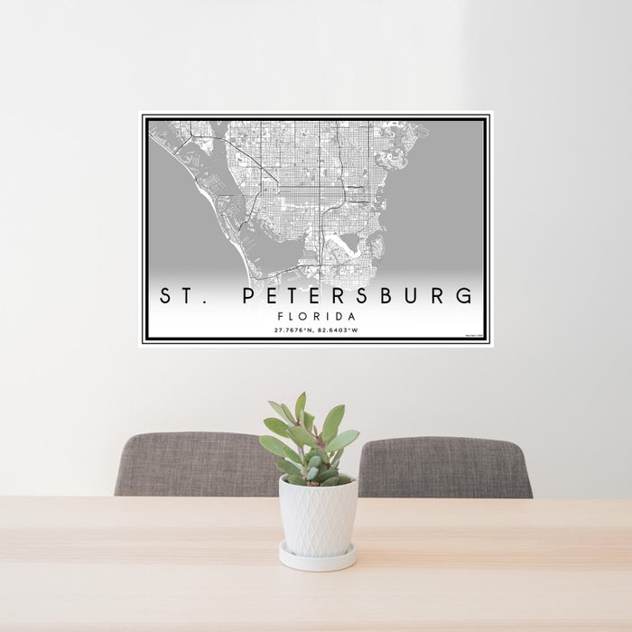 24x36 St. Petersburg Florida Map Print Landscape Orientation in Classic Style Behind 2 Chairs Table and Potted Plant
