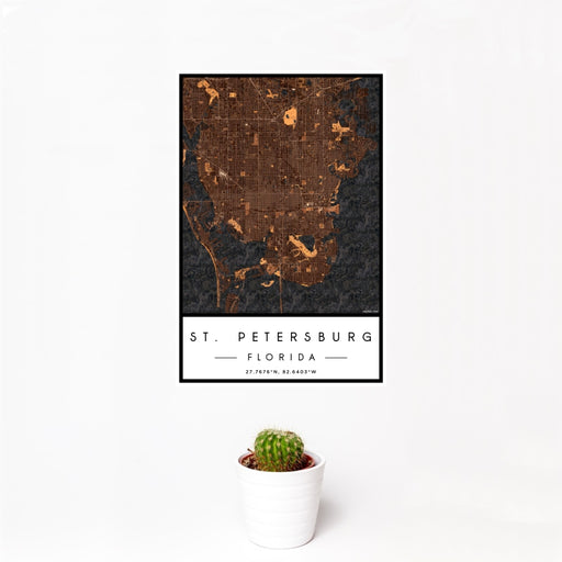 12x18 St. Petersburg Florida Map Print Portrait Orientation in Ember Style With Small Cactus Plant in White Planter