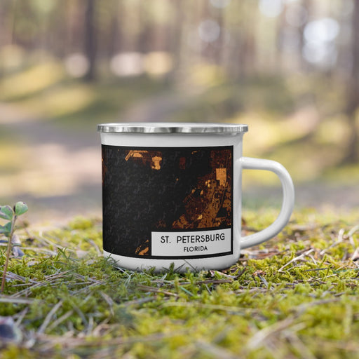 Right View Custom St. Petersburg Florida Map Enamel Mug in Ember on Grass With Trees in Background