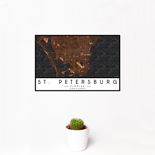 12x18 St. Petersburg Florida Map Print Landscape Orientation in Ember Style With Small Cactus Plant in White Planter