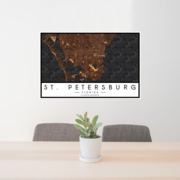24x36 St. Petersburg Florida Map Print Landscape Orientation in Ember Style Behind 2 Chairs Table and Potted Plant