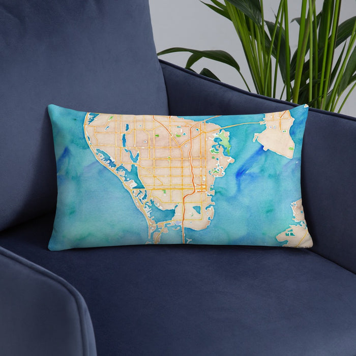 Custom St. Petersburg Florida Map Throw Pillow in Watercolor on Blue Colored Chair