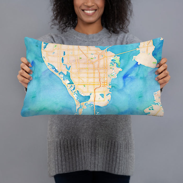 Person holding 20x12 Custom St. Petersburg Florida Map Throw Pillow in Watercolor