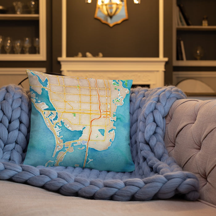 Custom St. Petersburg Florida Map Throw Pillow in Watercolor on Cream Colored Couch