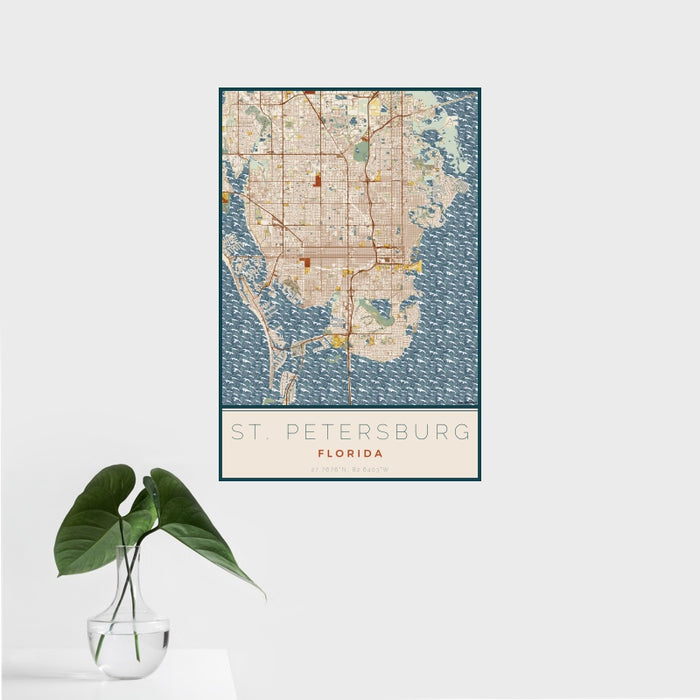 16x24 St. Petersburg Florida Map Print Portrait Orientation in Woodblock Style With Tropical Plant Leaves in Water