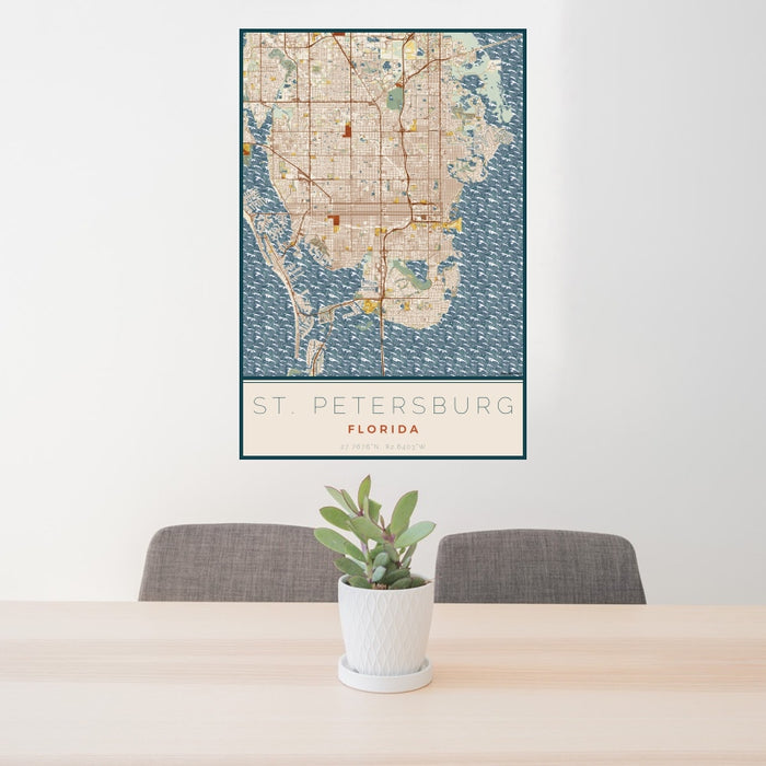 24x36 St. Petersburg Florida Map Print Portrait Orientation in Woodblock Style Behind 2 Chairs Table and Potted Plant