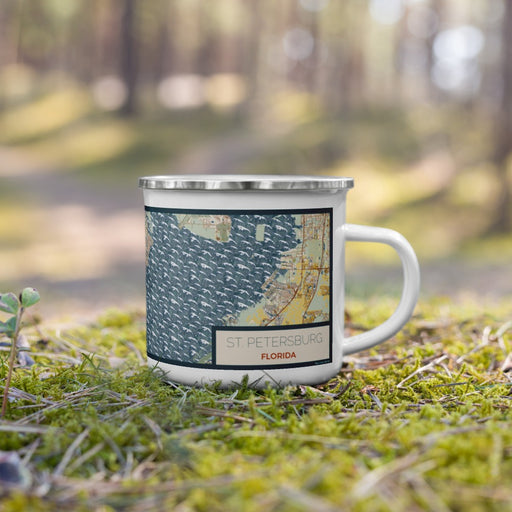 Right View Custom St. Petersburg Florida Map Enamel Mug in Woodblock on Grass With Trees in Background