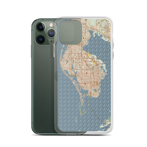 Custom St. Petersburg Florida Map Phone Case in Woodblock on Table with Laptop and Plant