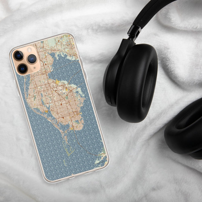 Custom St. Petersburg Florida Map Phone Case in Woodblock on Table with Black Headphones