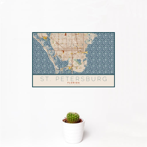 12x18 St. Petersburg Florida Map Print Landscape Orientation in Woodblock Style With Small Cactus Plant in White Planter