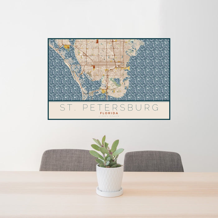 24x36 St. Petersburg Florida Map Print Landscape Orientation in Woodblock Style Behind 2 Chairs Table and Potted Plant