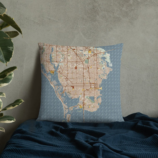 Custom St. Petersburg Florida Map Throw Pillow in Woodblock on Bedding Against Wall