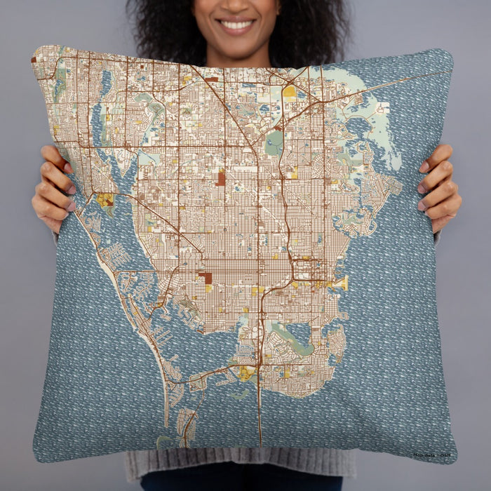 Person holding 22x22 Custom St. Petersburg Florida Map Throw Pillow in Woodblock
