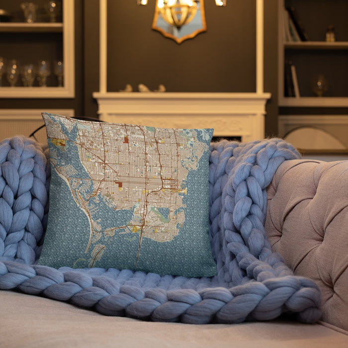 Custom St. Petersburg Florida Map Throw Pillow in Woodblock on Cream Colored Couch