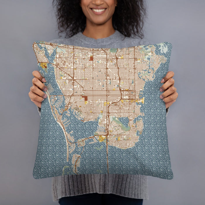 Person holding 18x18 Custom St. Petersburg Florida Map Throw Pillow in Woodblock