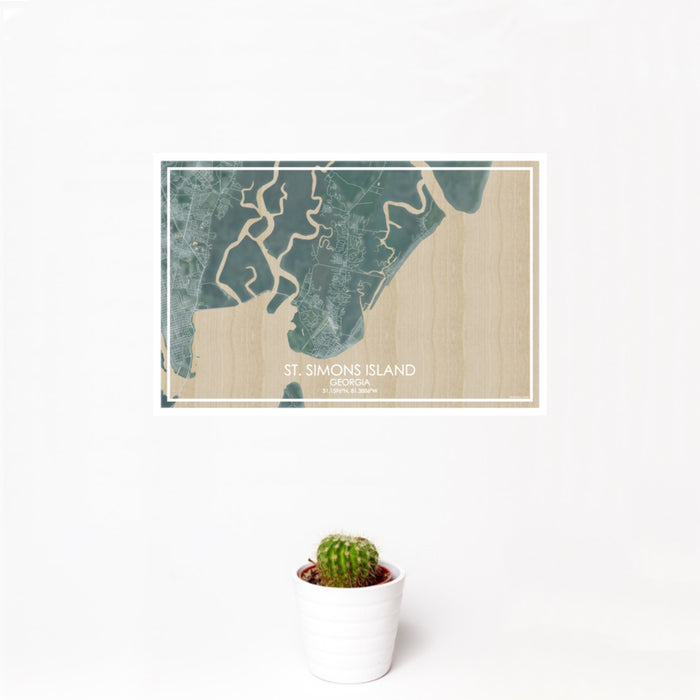 12x18 St. Simons Island Georgia Map Print Landscape Orientation in Afternoon Style With Small Cactus Plant in White Planter