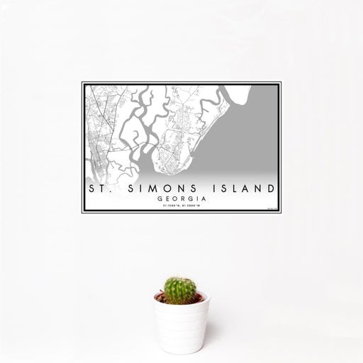 12x18 St. Simons Island Georgia Map Print Landscape Orientation in Classic Style With Small Cactus Plant in White Planter