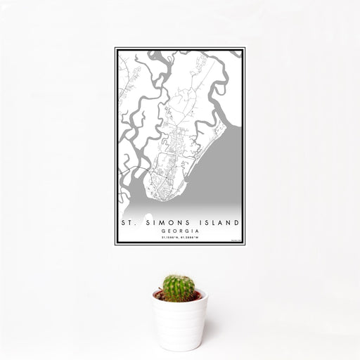 12x18 St. Simons Island Georgia Map Print Portrait Orientation in Classic Style With Small Cactus Plant in White Planter