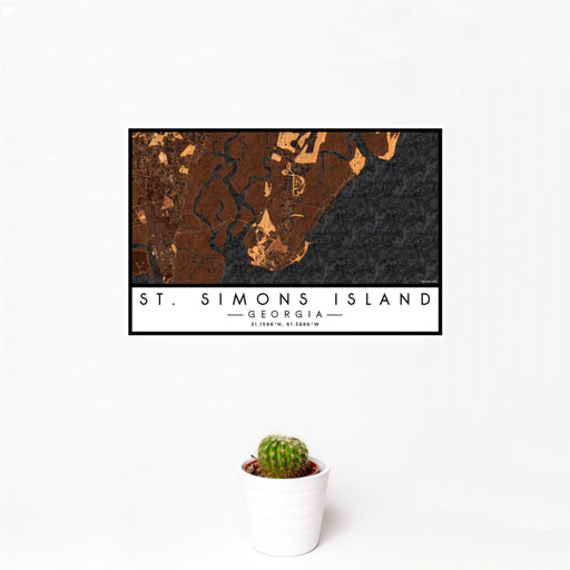 12x18 St. Simons Island Georgia Map Print Landscape Orientation in Ember Style With Small Cactus Plant in White Planter