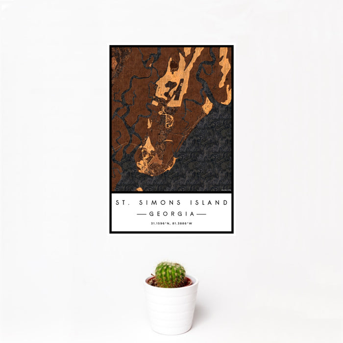 12x18 St. Simons Island Georgia Map Print Portrait Orientation in Ember Style With Small Cactus Plant in White Planter