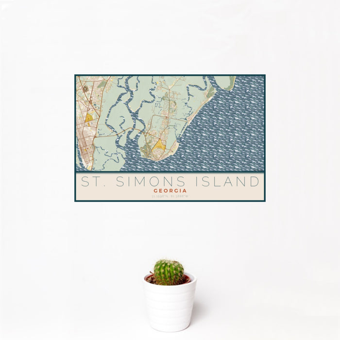 12x18 St. Simons Island Georgia Map Print Landscape Orientation in Woodblock Style With Small Cactus Plant in White Planter